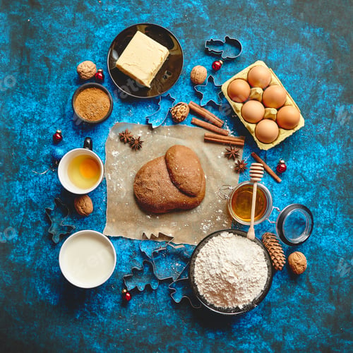 Preview: Gingerbread dough placed among various ingredients. Christmas baking concept