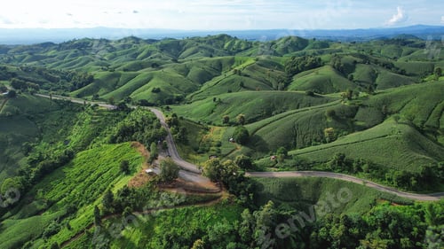 Preview: Aerial view of the greenery hills and mountain road by drone