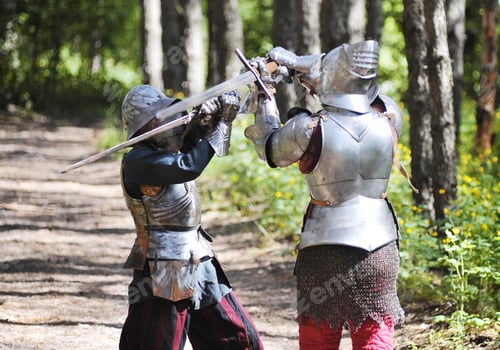 Preview: Medieval knights fight with swords in the summer in the forest