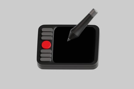 Visualização: Dispositivo preto com caneta quadriculada e botão lateral