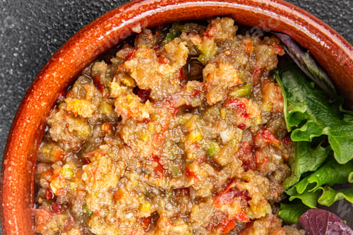 Preview: Eggplant dip aubergine salad Baba ganoush eggplant, tomato, onion vegetable dish fresh gourmet