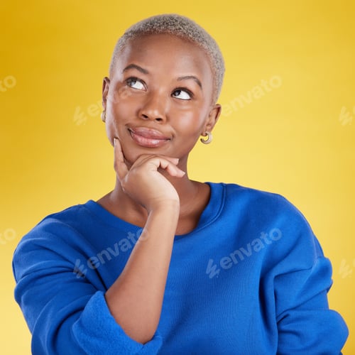 Preview: Thinking, solution and face of black woman in studio, yellow background and backdrop. Female model