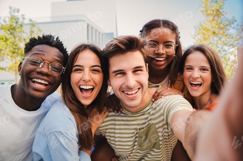 Preview: Happy multicultural friends laughing taking a selfie portrait together. Mixed teenage cheerful