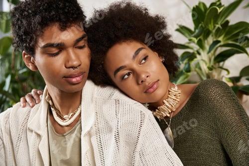 Preview: Stylish young couple sharing a tender moment surrounded by greenery and warm light indoors