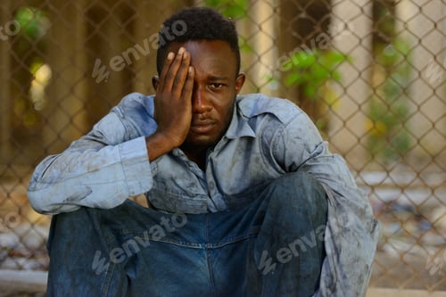 Preview: Young homeless African man looking depressed in the streets