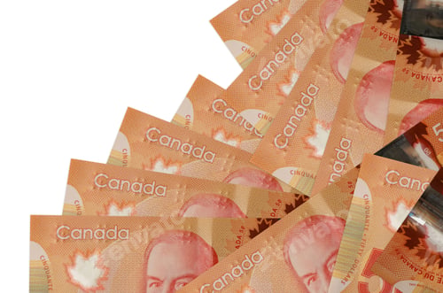 Preview: 50 Canadian dollars bills lies in different order isolated on white
