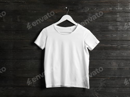 Preview: Hanger with white t-shirt on wooden background. Mockup for design