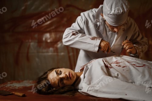 Preview: Crazy psychiatrist with axe and female patient