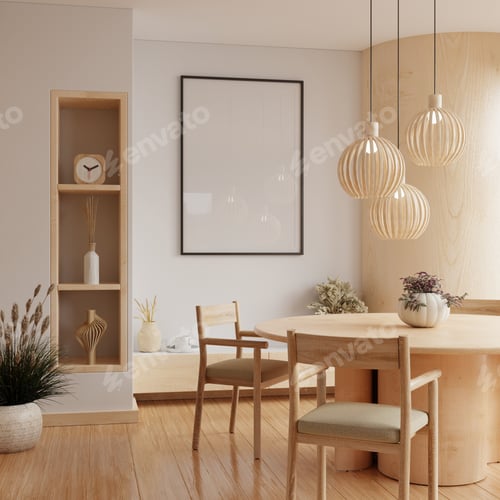 Preview: Mockup poster frame in dining room interior and accessories