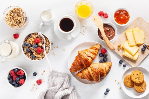 Preview: healthy breakfast with granola, berry, nuts, croissant, jam, cho