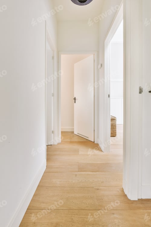 Preview: Doorway of modern apartment with white walls and parquet floor