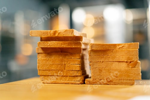 Preview: Close-up shot of a loaf of bread cut into toasts standing on a wooden board on a kitchen surface