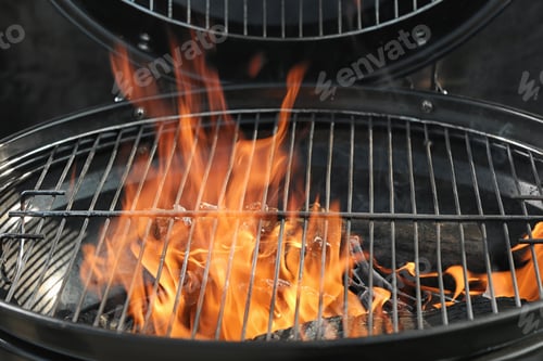 Preview: New modern barbecue grill with burning firewood, closeup