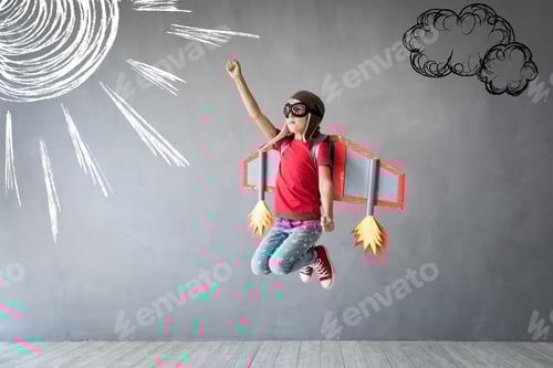 Preview: Happy child playing with toy jetpack