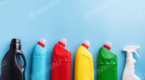 Preview: Cleaning products and housekeeping. Various sanitary hygiene bottles flat lay top view on blue