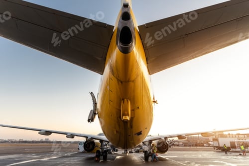 Preview: Scenic low angle pov rear bottom view of big modern passenger aircraft back tail on ground parking