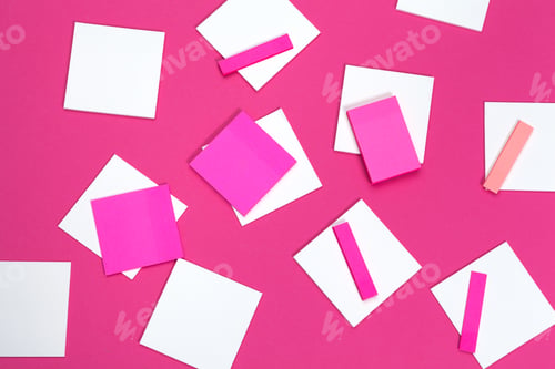 Preview: mock up concept. cards Papers on pink background. Top view, flat lay, copy space
