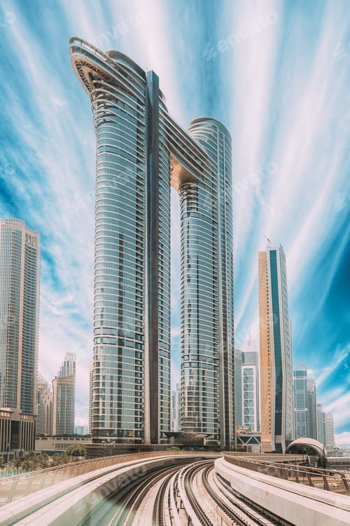 Preview: Metro road among glass skyscrapers in Dubai