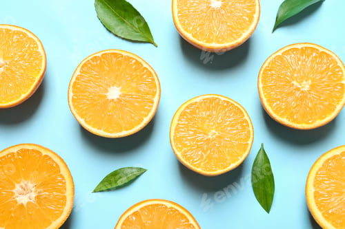 Preview: Flat lay composition with ripe oranges on color background