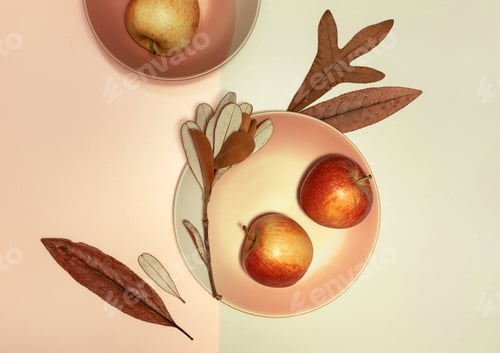 Preview: Autumn flat lay with plates, dry leaves and apples