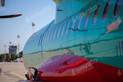 Preview: Airplane porthole windows. Start of the journey at the airport. Place for your text. Copy space.