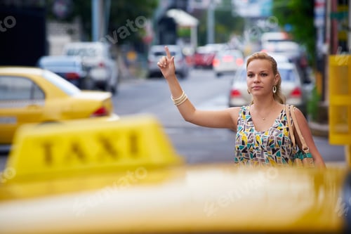 Preview: People Travelling Business Woman Stopping Yellow Taxi