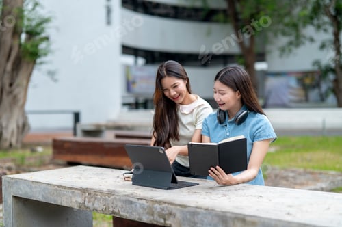 Preview: Two women sitting at a table with laptops and books