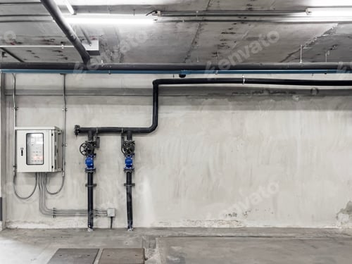 Preview: Cement wall with control box and pipe, Building and construction for abstract background.