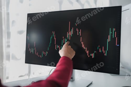Preview: Asian woman looking at stock market graph screen, stock market businessman analyzing stock market ri
