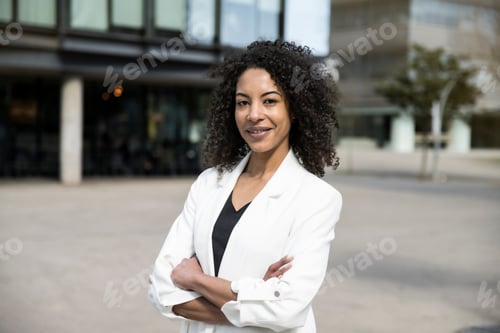 Preview: Portrait of smiling young businesswoman standing with her arms crossed and looking at camera