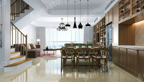 Aperçu: 3d rendering modern dining room and chineese living room with luxury decor