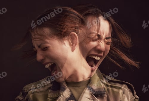 Preview: PTSD, depression and military woman with mental health problem, horror screaming and stress from wa