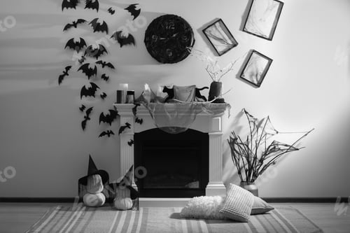 Preview: Stylish room with fireplace decorated for Halloween