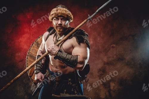 Preview: Handsome northern barbarian with spear in dark red background