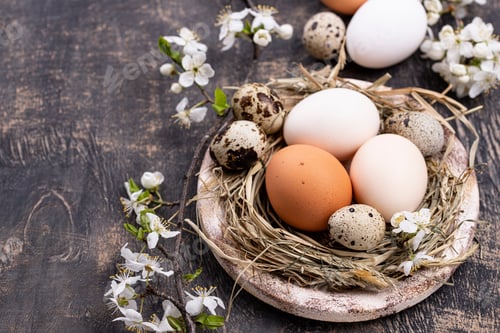 Preview: Easter composition with eggs and blooming branch