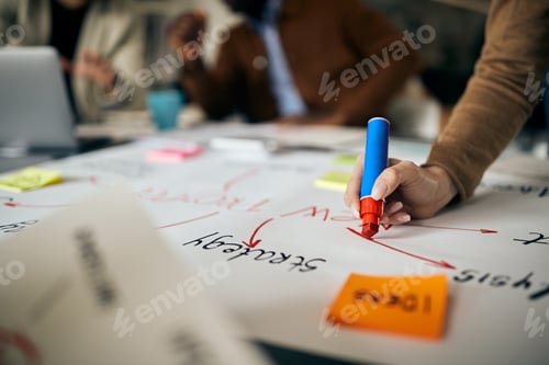 Preview: Close-up of entrepreneur drawing business plans while preparing presentation for meeting in office.