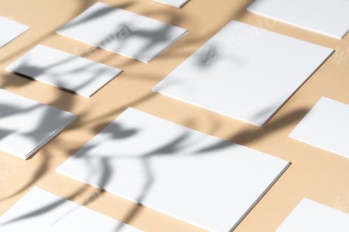 Preview: Creative photo with floral shadow of white businesscard on beige background