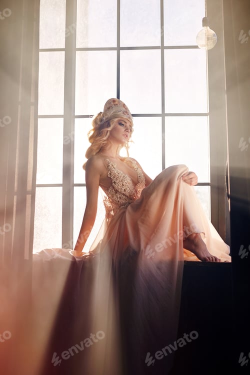 Preview: Silhouette of a mysterious fairy woman on the background of the window in the sunlight