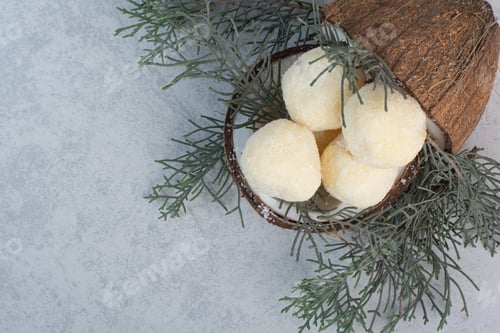 Preview: Coconut cookies inside coconut on gray background