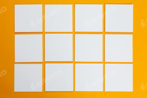 Preview: mock up concept. cards Papers on yellow background. Top view, flat lay, copy space