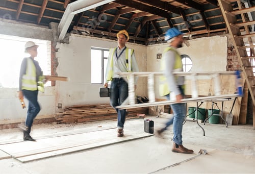 Preview: Construction worker, busy and team working building development, maintenance and property upgrade t