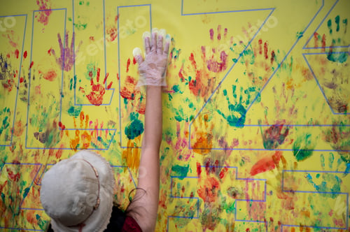 Preview: Colorful handprint mural art joyful child handprint paint wall yellow colorful creative