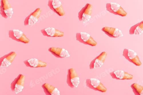 Preview: Ice cream pattern on pastel pink background. Creative minimal summer flat lay.