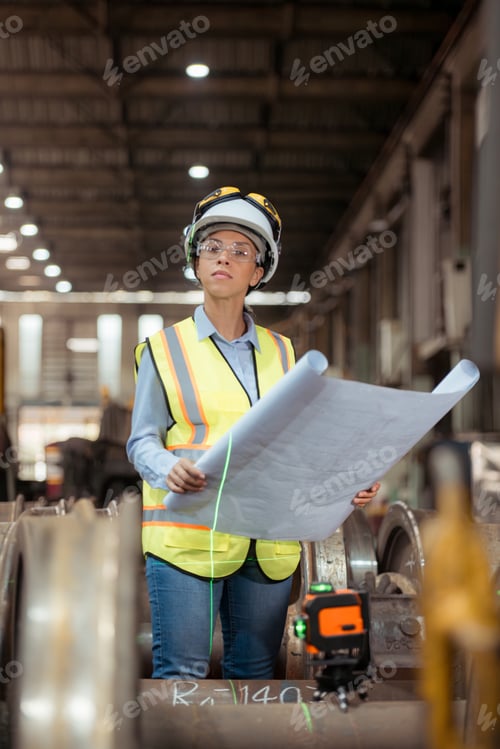 Preview: Portrait of railway technician worker in safety vest and helmet working with blueprint