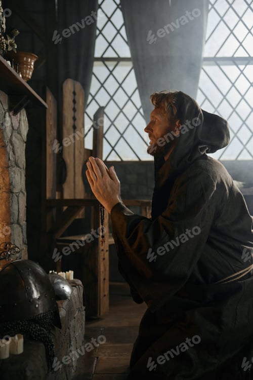 Preview: Solitary desperate priest kneeling before church altar in mystical smoke