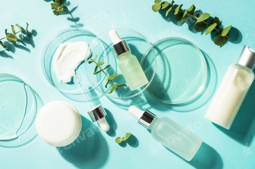 Preview: Eucalyptus cosmetic, cosmetic laboratory at blue background.