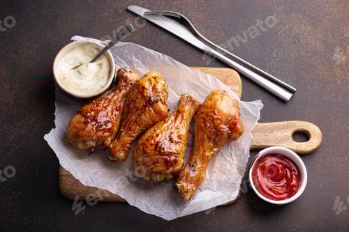 Preview: Roasted or grilled chicken legs drumsticks from above