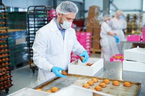 Preview: Confectionery factory worker packing pastry into box