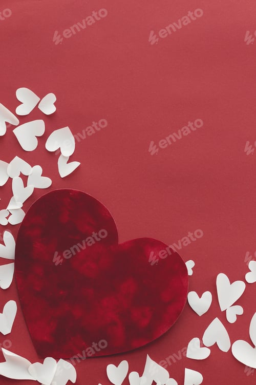 Preview: Happy Valentine's Day! Stylish hearts on red background flat lay, space for text. Love