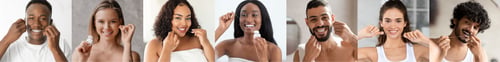 Preview: Toothcare Routine. Smiling Multiethnic People Using Dental Floss While Standing In Bathroom